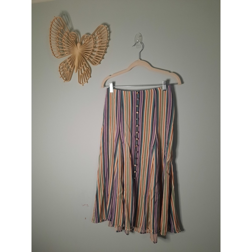 Maeve Anthropologie Striped Button Front Midi Skirt Purple Teal Orange Size 2